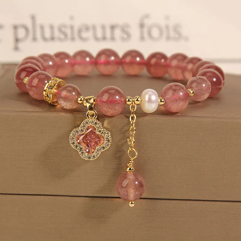 Luck Muse Strawberry Quartz and Pearl Four Leaf Clover Charm Bracelet for Healing