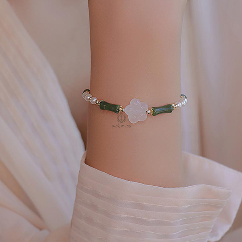 Peridot Agate and Pearl Bracelet with Luck Muse and Bamboo Flower Accents for Peace - Image 7