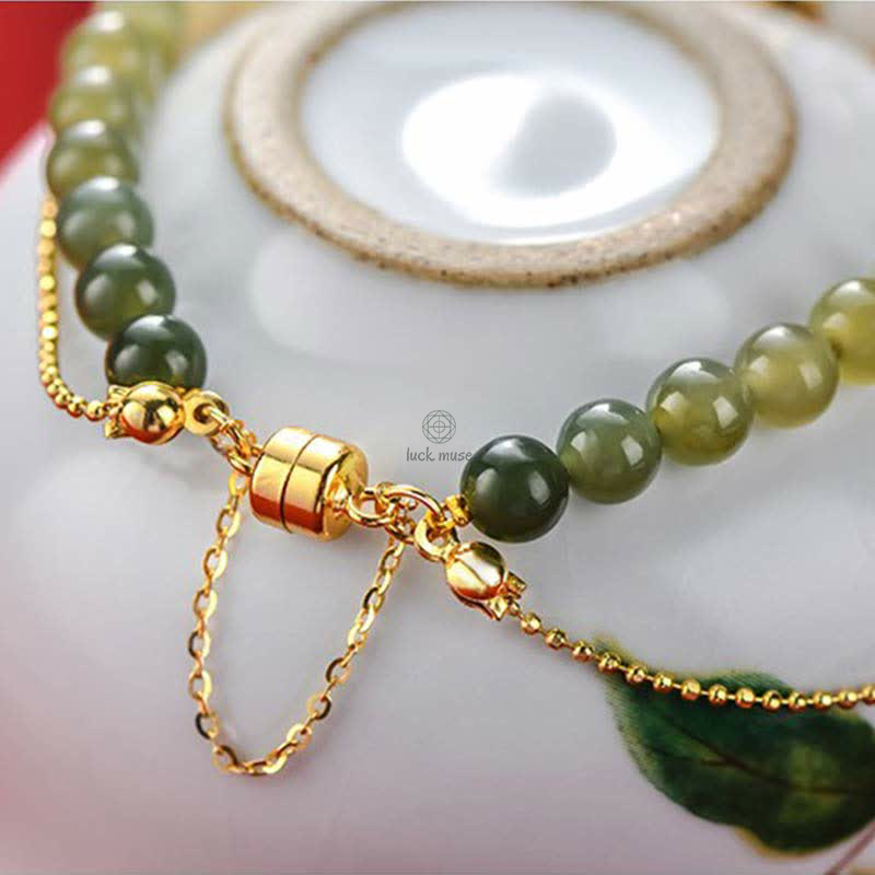 Luck Muse 925 Sterling Silver Hetian Jade Peach Blossom Luck Chain Bracelet - Image 9
