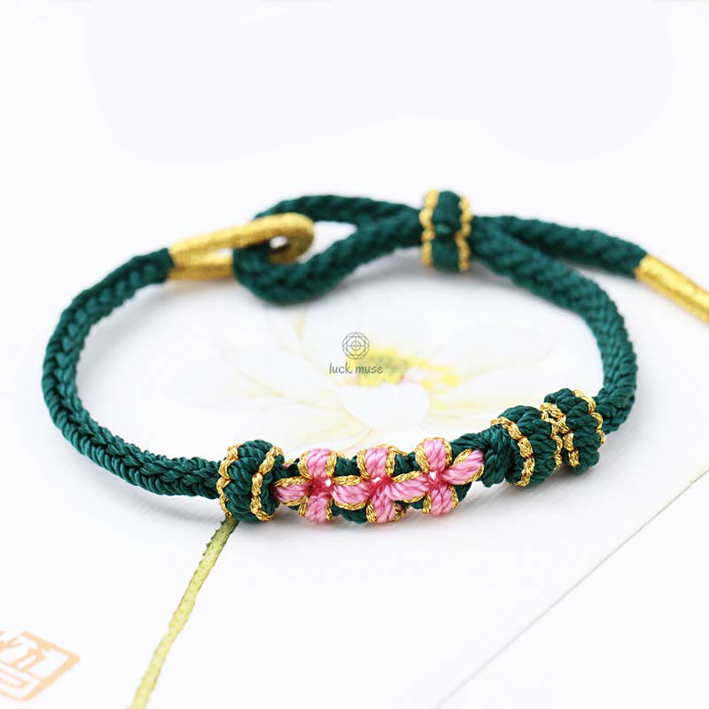 Braided String Bracelet with Handmade Three Peach Blossoms for Good Luck - Eight Strands - Image 4