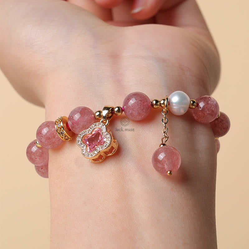 Luck Muse Strawberry Quartz and Pearl Four Leaf Clover Charm Bracelet for Healing - Image 6