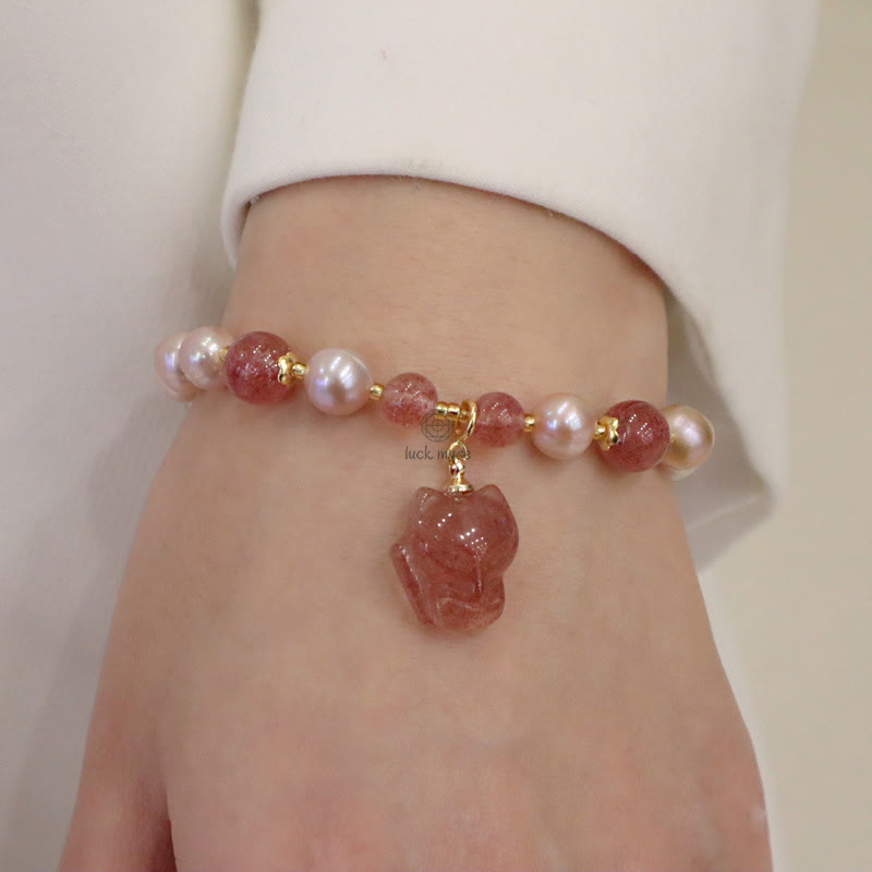 Natural Pearl Strawberry Quartz Love Healing Bracelet with Cute Fox Charm - Image 11