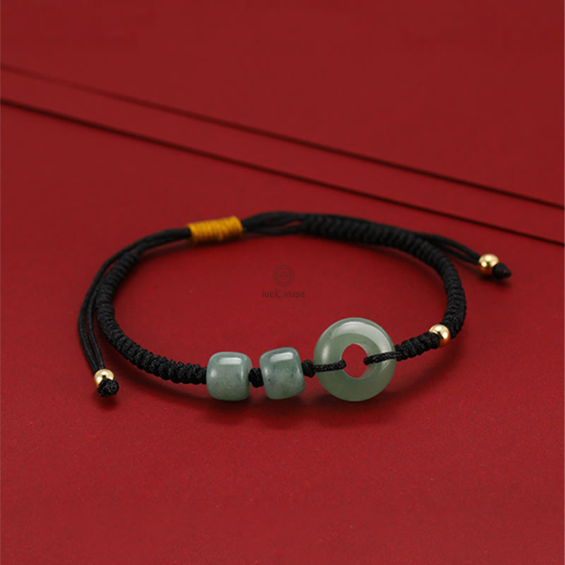 Braided Couple Bracelet Set with Green Aventurine, White Jade, Peace Buckle, and Luck