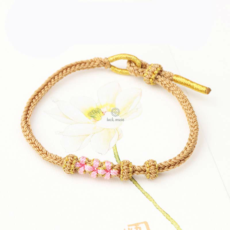 Braided String Bracelet with Handmade Three Peach Blossoms for Good Luck - Eight Strands - Image 10