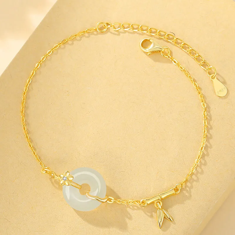 Bamboo Leaf Prosperity Chain Bracelet with 925 Sterling Silver, Hetian Jade, and Chalcedony Peace Buckle by Luck Muse Shop - Image 2