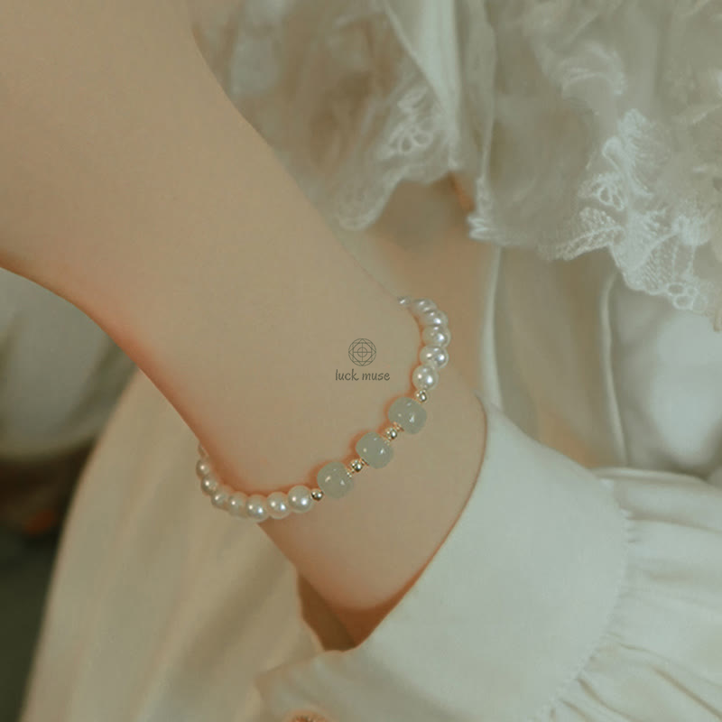 Luck Muse 14K Gold Plated Sincerity Bead Chain Bracelet with Natural Pearl, Hetian Cyan Jade, and White Jade - Image 19