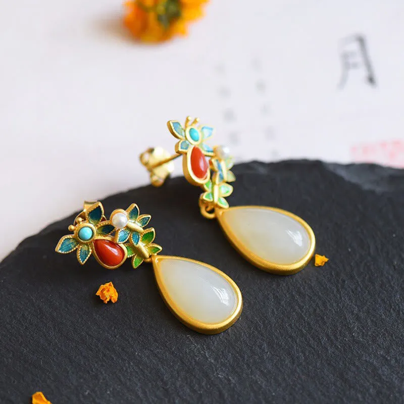 White Jade Red Agate Butterfly Protection Drop Earrings with Luck Muse - Image 3