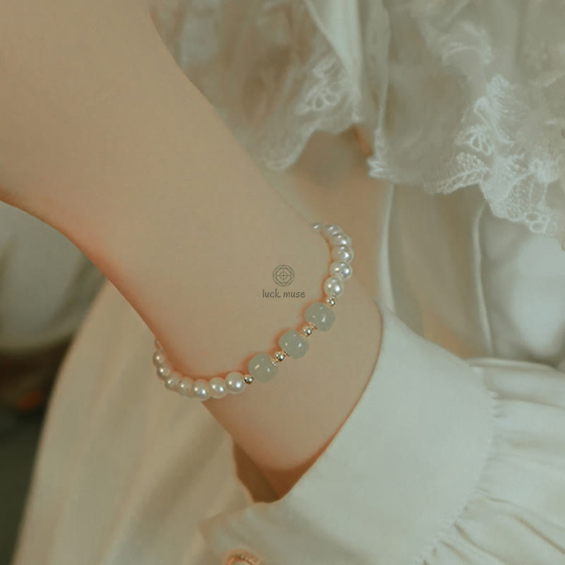 Luck Muse 14K Gold Plated Sincerity Bead Chain Bracelet with Natural Pearl, Hetian Cyan Jade, and White Jade - Image 25