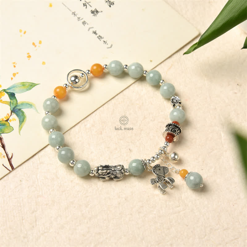 925 Sterling Silver Natural Jade Amber Pixiu Success Bracelet - Image 6