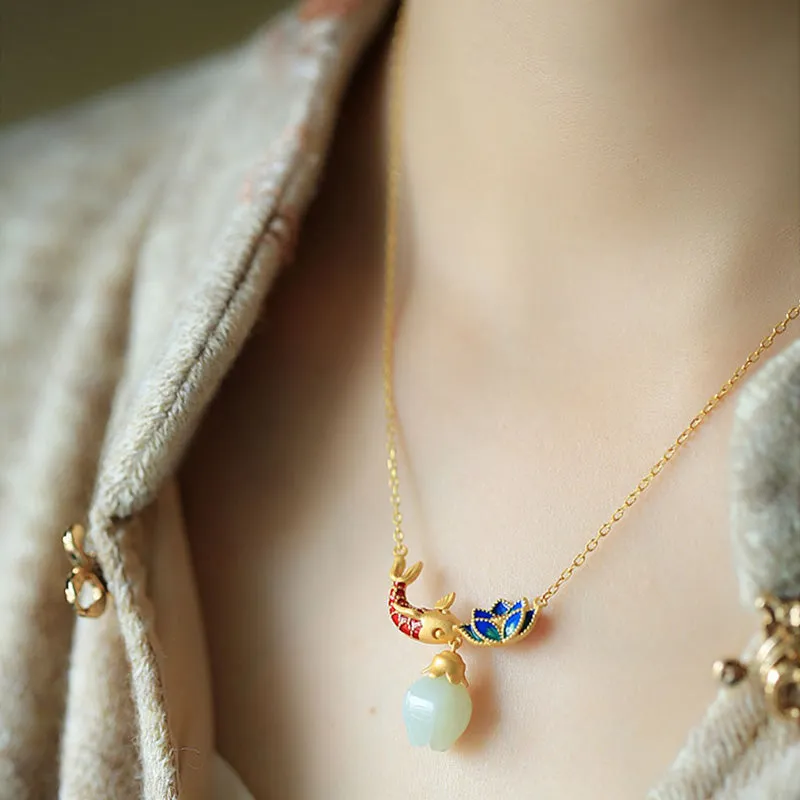 Luck Muse Shop 925 Sterling Silver White Jade Koi Fish Lotus Protection Necklace Pendant - Image 4