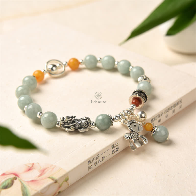 925 Sterling Silver Natural Jade Amber Pixiu Success Bracelet - Image 8
