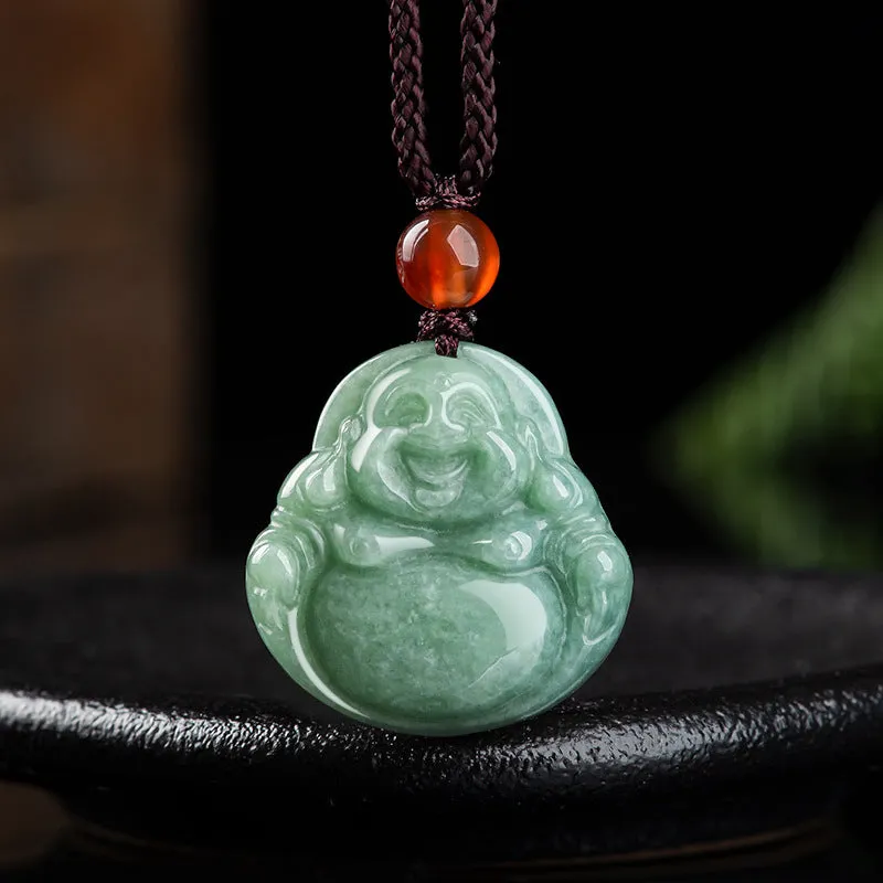 Laughing Buddha Cyan Jade Success Pendant Necklace