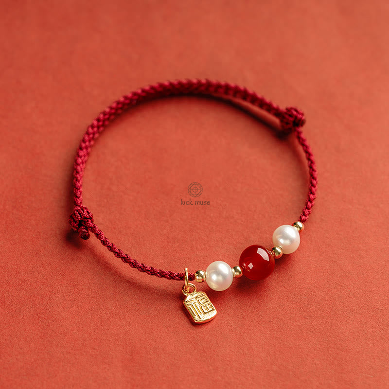 Luck Muse 925 Sterling Silver Fu Character Agate Pearl Red String Braid Bracelet - Image 4