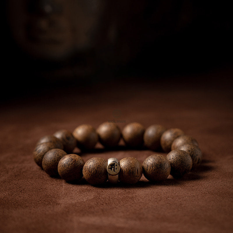 Chinese Zodiac Natal Buddha Agarwood Silver Bracelet for Peace and Calm