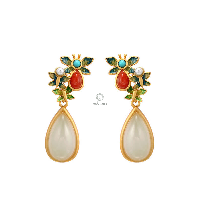 White Jade Red Agate Butterfly Protection Drop Earrings with Luck Muse - Image 12