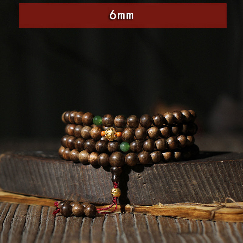 Luck Muse 999 Gold 108 Mala Beads Agarwood Cyan Jade Six Words Strength Bracelet - Image 5