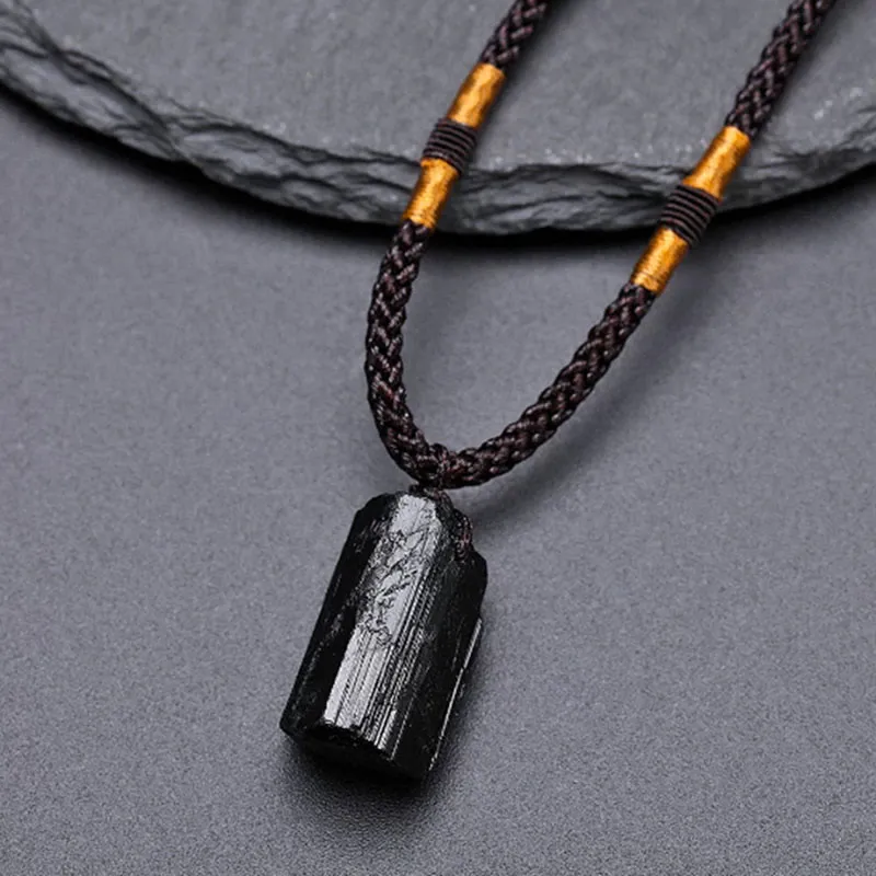Natural Black Tourmaline Luck Muse Rope Necklace Pendant