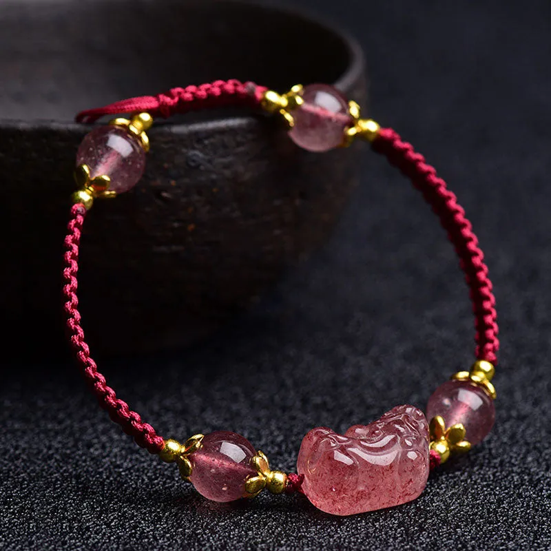 Natural Strawberry Crystal Pixiu Lucky Red String Bracelet - Image 3