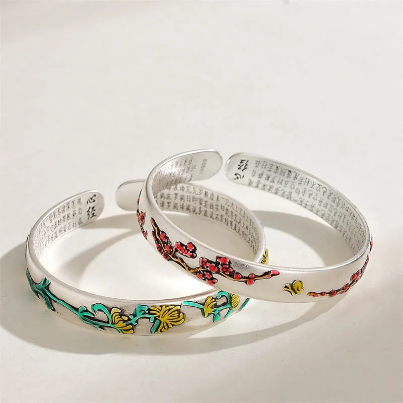 Luck Muse Plum Blossom Chrysanthemum Flower Heart Sutra Healing Bracelet Cuff Bangle - Image 5