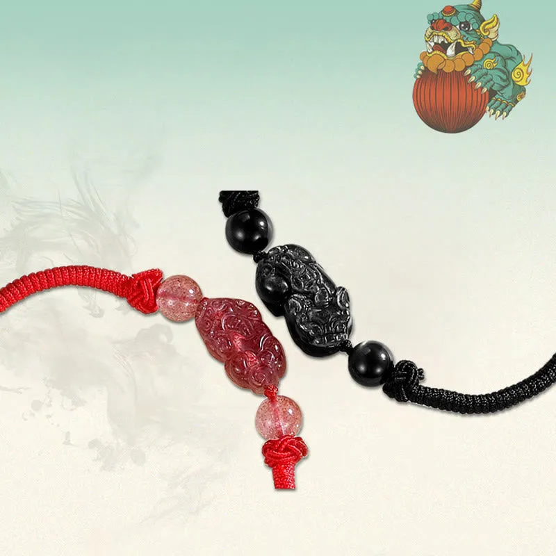 Handmade Silver Sheen Obsidian & Strawberry Quartz PiXiu Protection Bracelet - Image 11