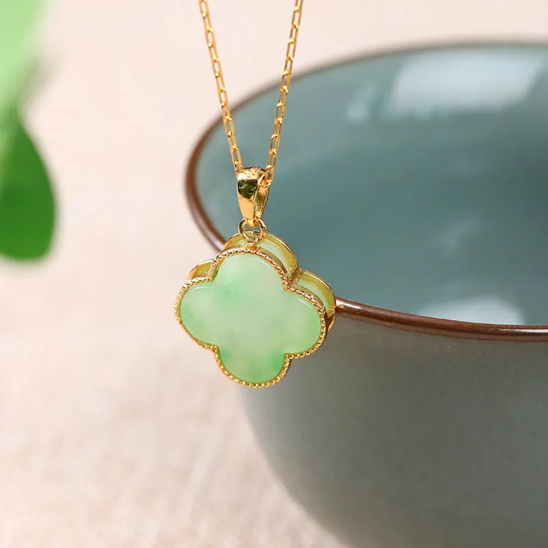 Luck Muse Lucky Four-Leaf Clover Jade Pattern Necklace Pendant - Image 3