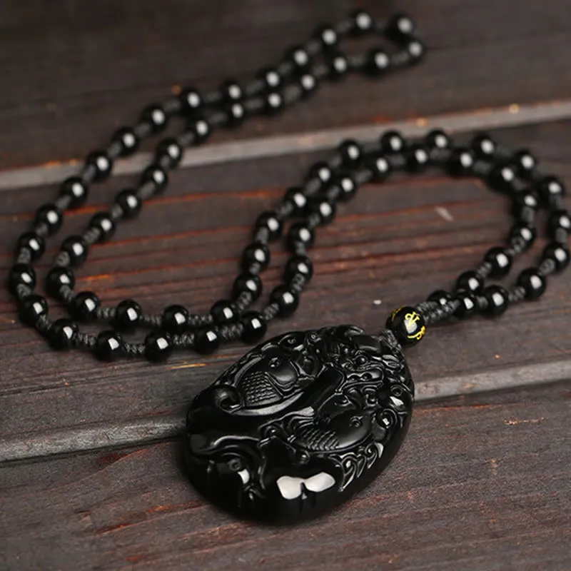 Black Obsidian Koi Fish Beaded Rope Necklace with Luck Muse Pendant - Image 4