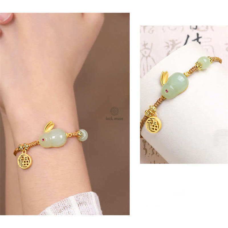 Hetian Jade Happiness Blessing Wealth Bracelet with Rabbit Year Charm - Image 6