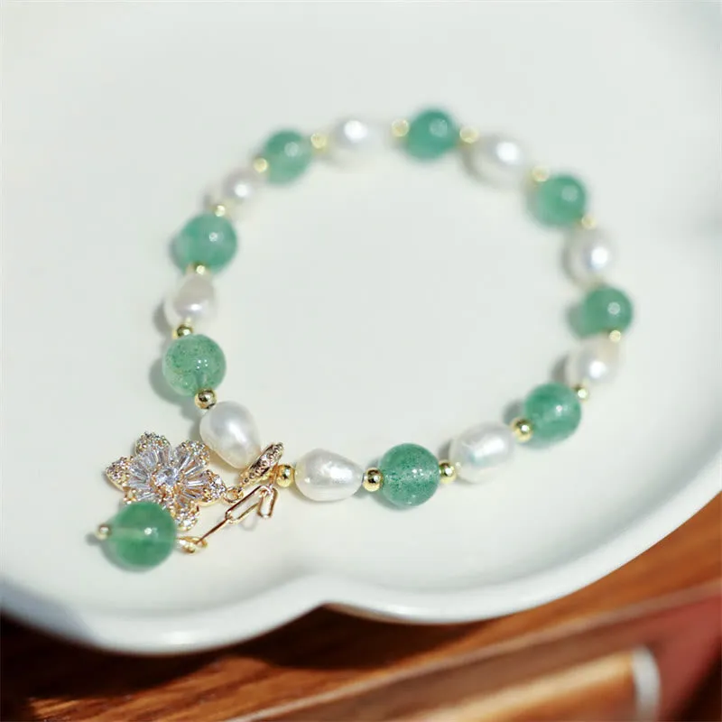 Natural Green Strawberry Quartz Pearl Flower Charm Bracelet