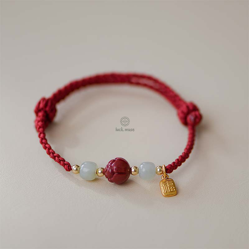 Cinnabar Jade Lotus Red String Bracelet - Image 4