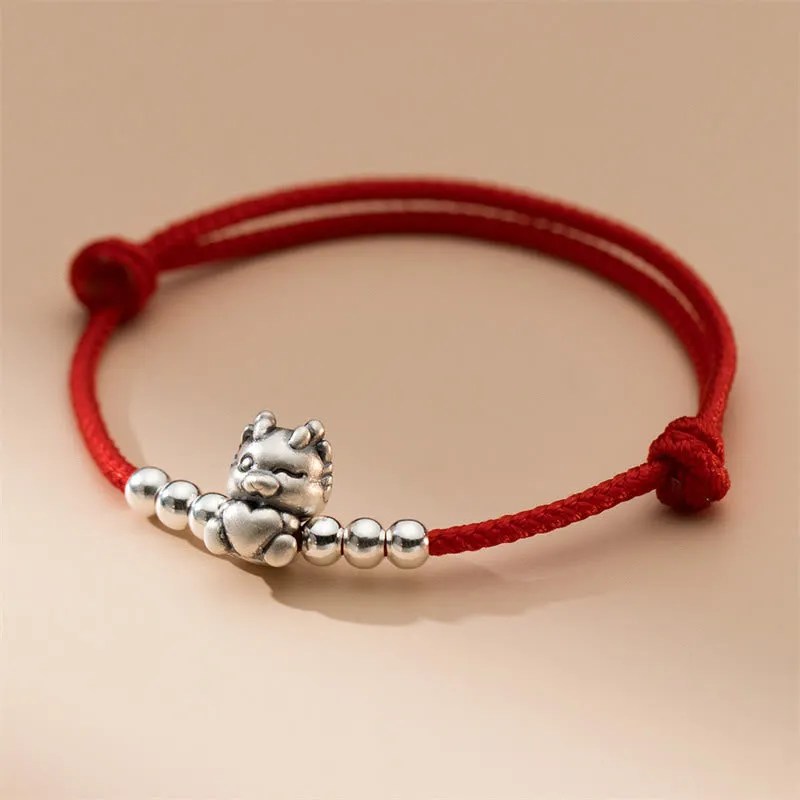 Handmade 999 Sterling Silver Dragon Year Luck Red Bracelet with Luck Muse