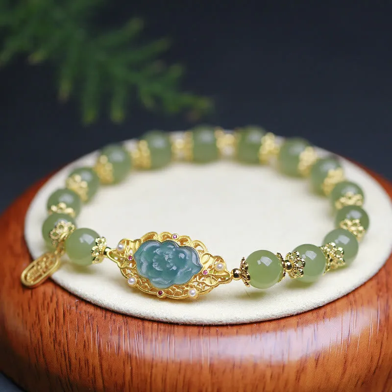 925 Sterling Silver Bracelet with 14K Gold Plating and Hetian Jade Lotus Charm for Good Luck