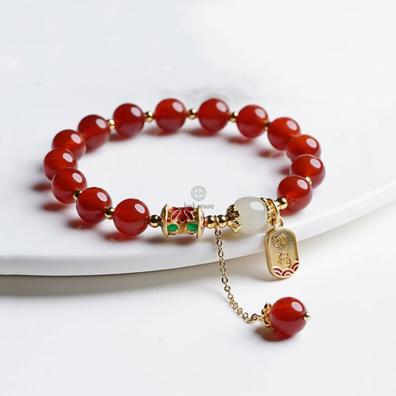 Natural Red Agate and Hetian Jade Fu Character Confidence Bracelet - Image 6