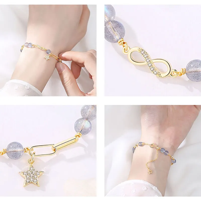 Luck Muse 14K Gold Plated Strawberry Quartz Moonstone Eternal Love Bracelet - Image 9