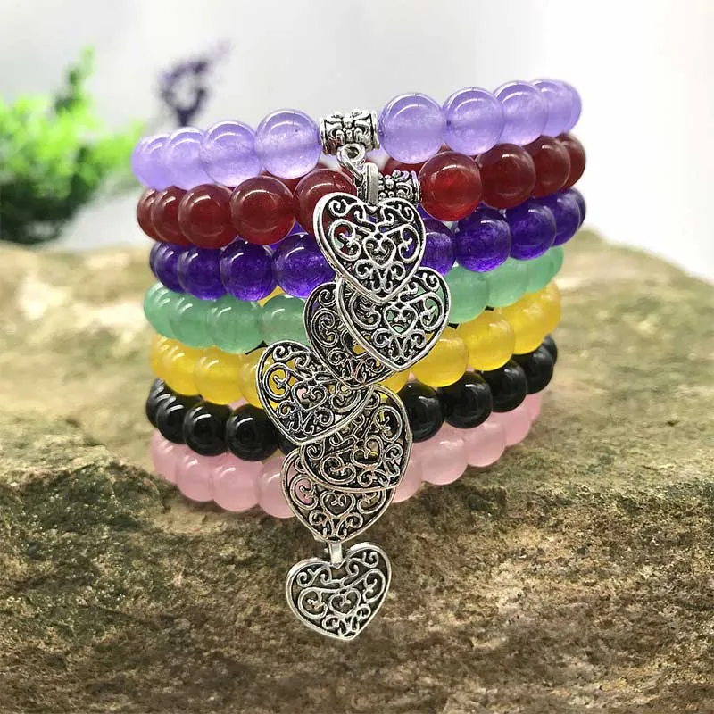 Handmade Natural Gemstone Heart Charm Stretch Bracelet for Luck and Love - Image 10