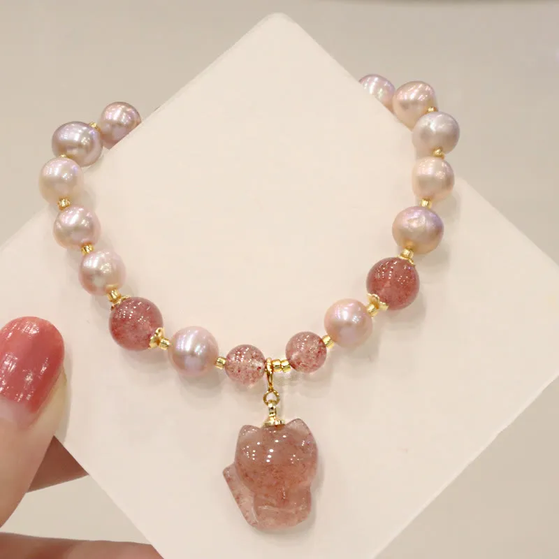 Natural Pearl Strawberry Quartz Love Healing Bracelet with Cute Fox Charm - Image 3
