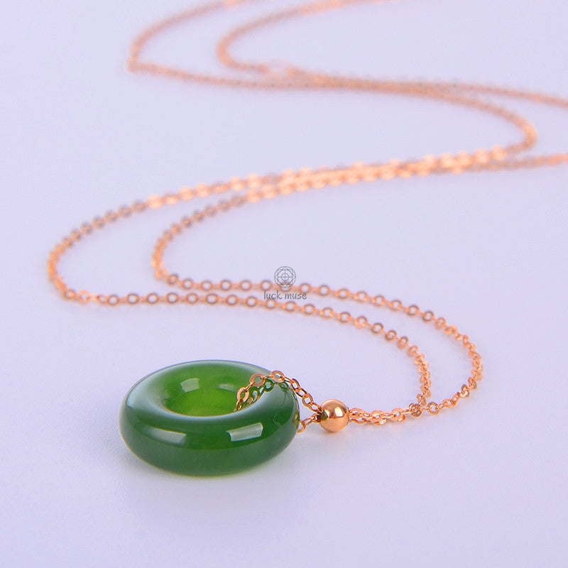 Luck Muse Shop Round Cyan Jade 14K Gold Healing Necklace Pendant - Image 9