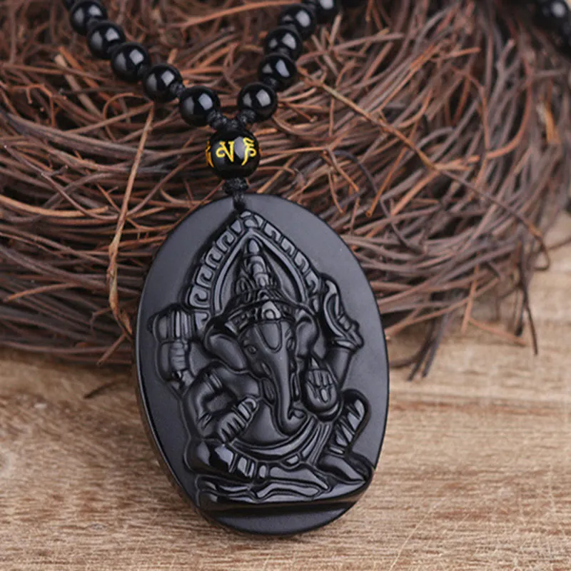 Tibetan Obsidian Ganesh Elephant Wealth Amulet Necklace - Image 4
