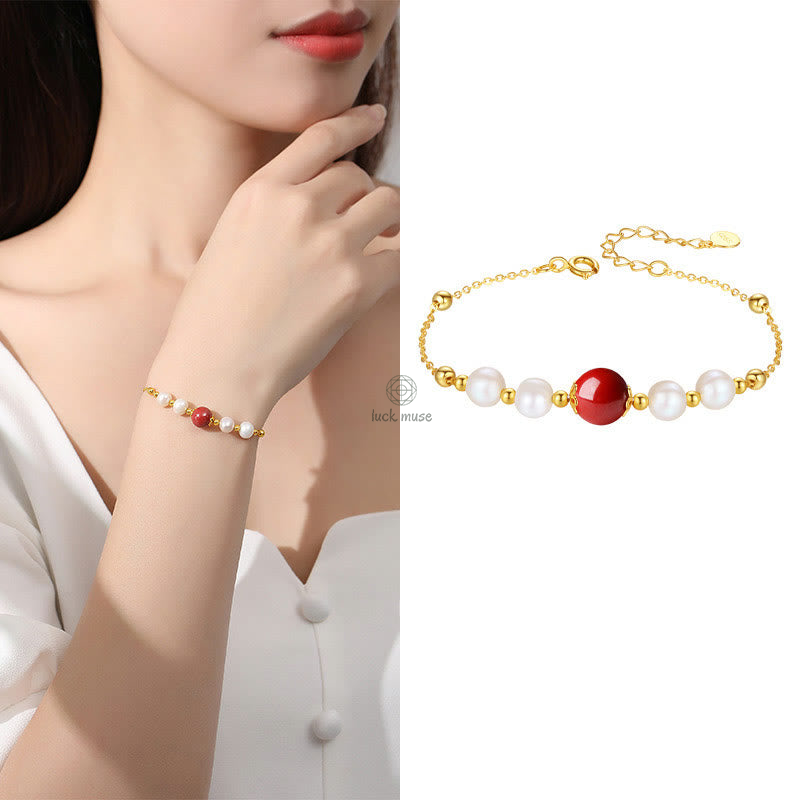 Luck Muse 925 Sterling Silver Pearl Cinnabar Healing Beaded Chain Bracelet - Image 8