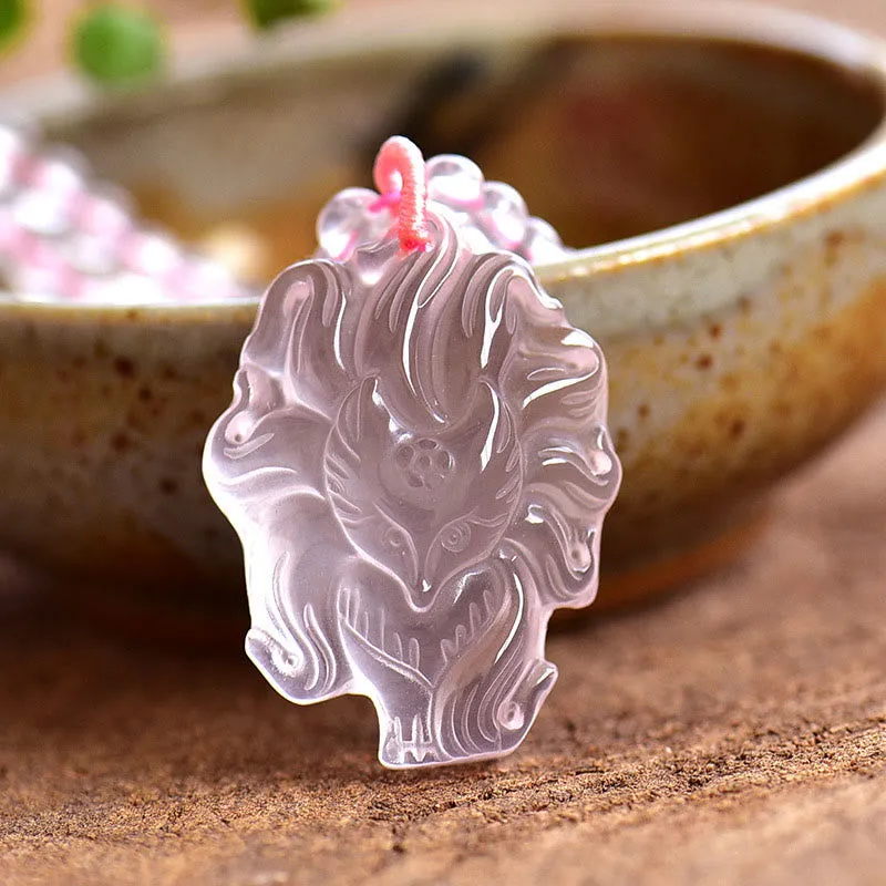 Natural Pink Crystal Nine Tailed Fox Love Necklace Pendant crafted with Luck Muse