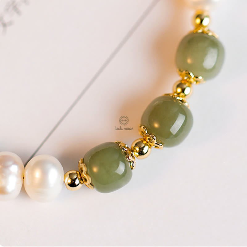 Luck Muse 14K Gold Plated Sincerity Bead Chain Bracelet with Natural Pearl, Hetian Cyan Jade, and White Jade - Image 5