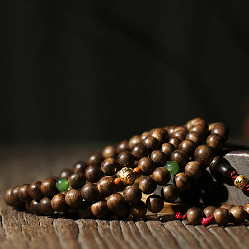 Luck Muse 999 Gold 108 Mala Beads Agarwood Cyan Jade Six Words Strength Bracelet - Image 11