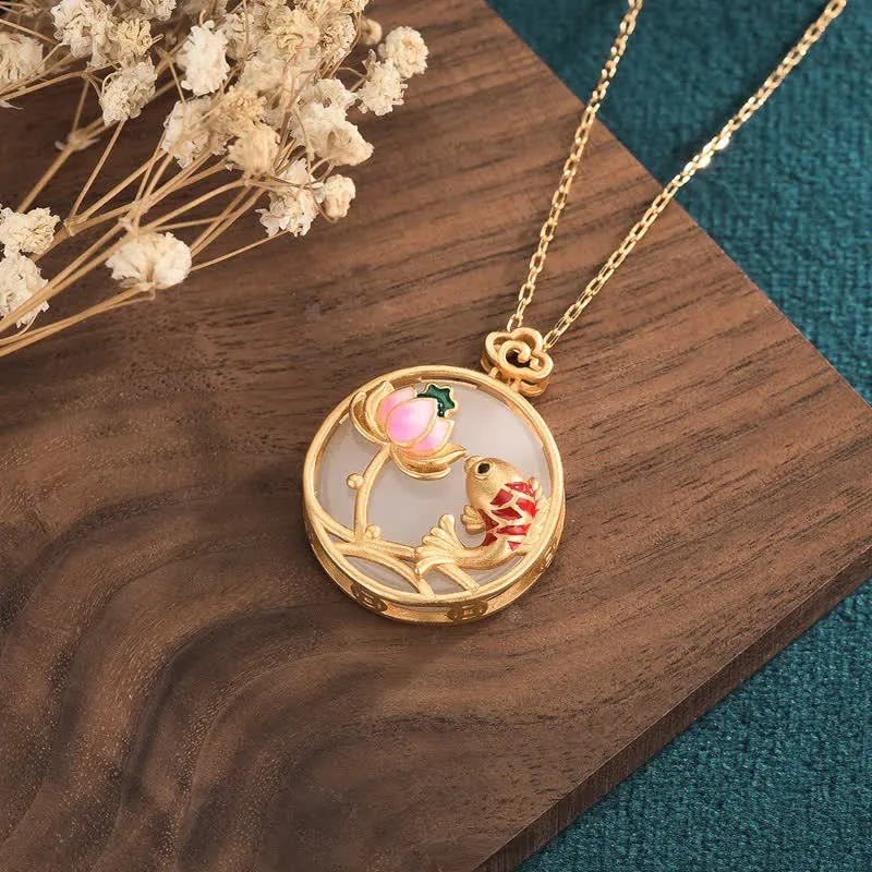 White Jade Koi Fish Lotus Blessing Necklace With Pendant - Image 3
