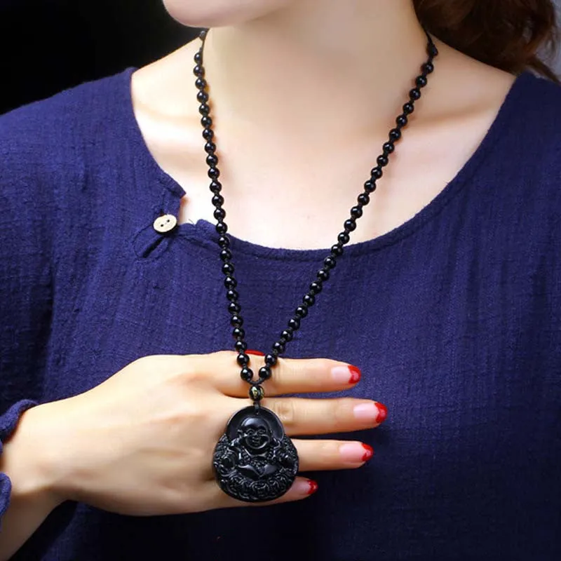 Laughing Buddha Black Obsidian Protection Pendant Necklace - Luck Muse Shop - Image 3