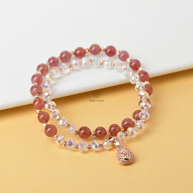 Luck Muse Strawberry Quartz & White Crystal Money Bag Charm Bracelet - Image 3