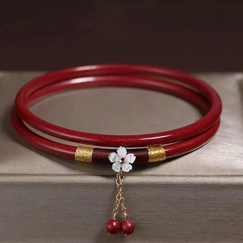 Luck Muse Cinnabar Flower Double Bangle Bracelet for Blessings - Image 3