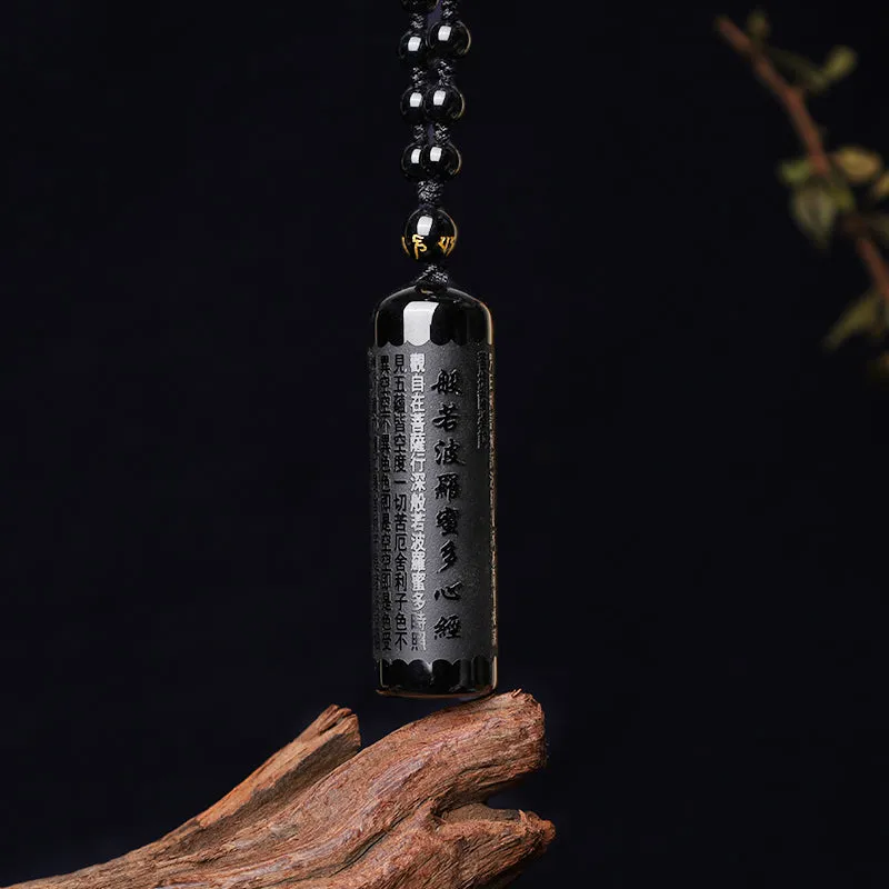 Natural Black Obsidian Luck Muse Heart Sutra Necklace Pendant - Image 3