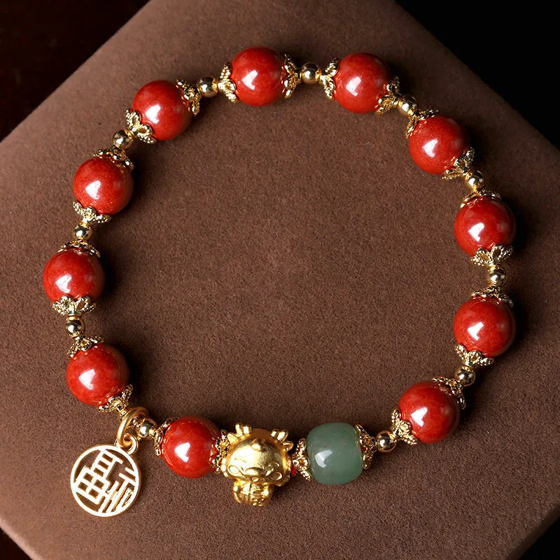 Luck Muse Year of the Dragon Cinnabar Fu Charm Bracelet