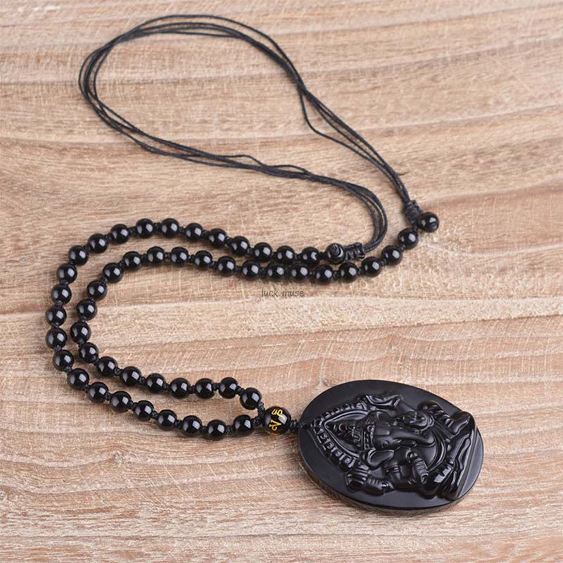 Tibetan Obsidian Ganesh Elephant Wealth Amulet Necklace - Image 10