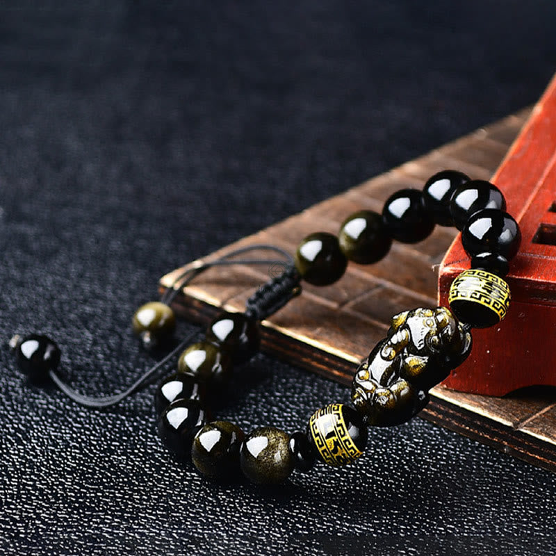 Natural Gold Sheen Obsidian PiXiu Wealth Bracelet with Om Mani Padme Hum - Image 3
