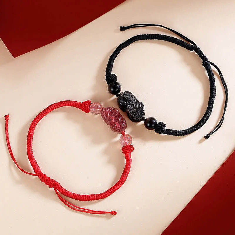Handmade Silver Sheen Obsidian & Strawberry Quartz PiXiu Protection Bracelet - Image 9